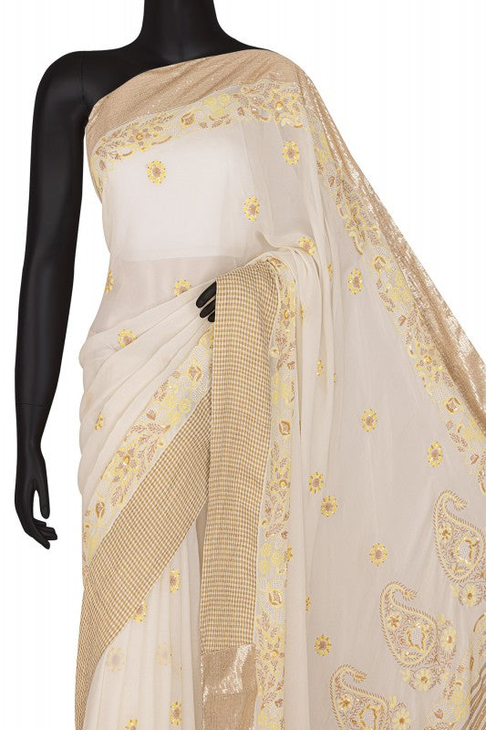Ada Hand Embroidered Off White Pure Georgette Lucknowi Chikankari Saree/Blouse with Sequinned Work- A173764
