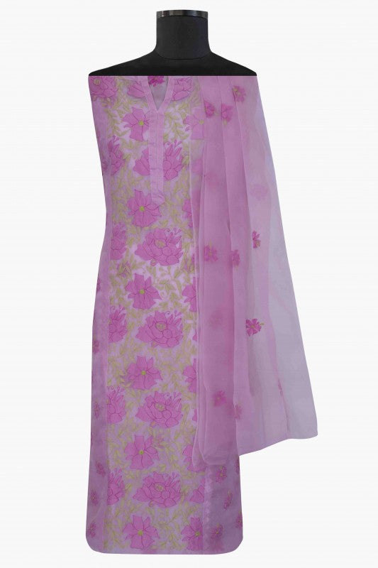 Ada Hand Embroidered Mauve Organza Lucknowi Chikan Unstitched Kurta Dupatta Set A587994