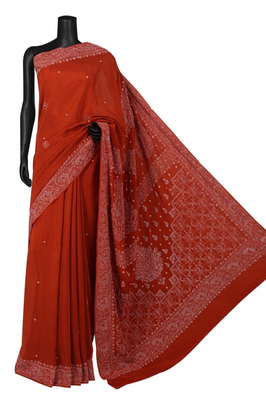 Ada Hand Embroidered Rust Silk Lucknowi Chikankari Saree/Blouse With Cutdana Work A173769