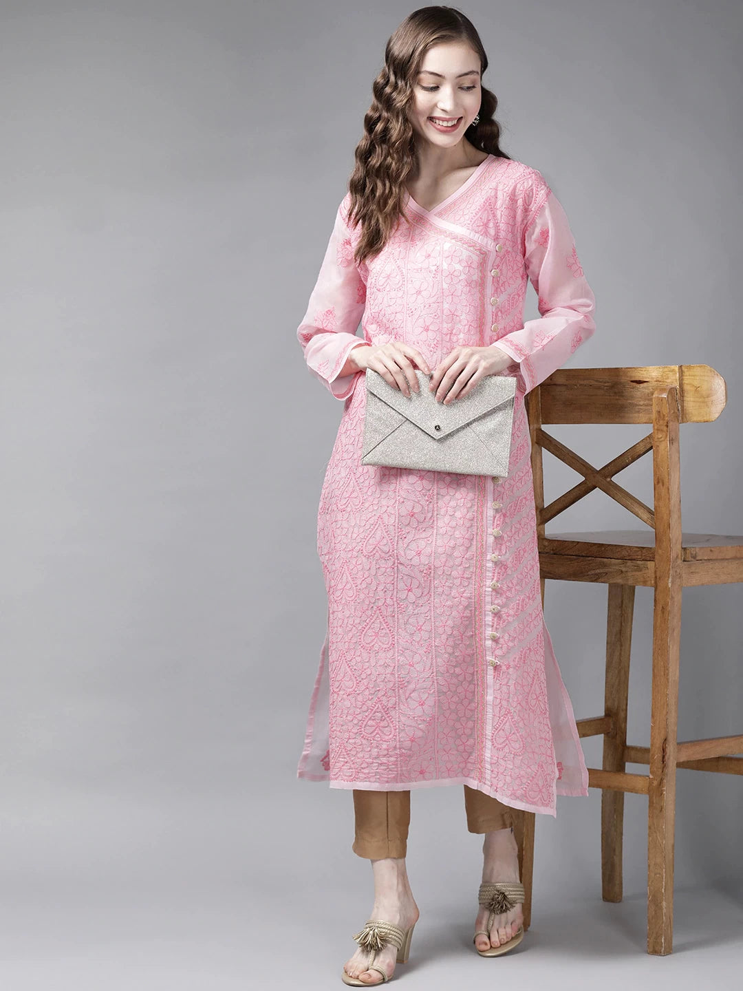 Ada Hand Embroidered Pink Cotton Lucknow Chikan Kurta A411251
