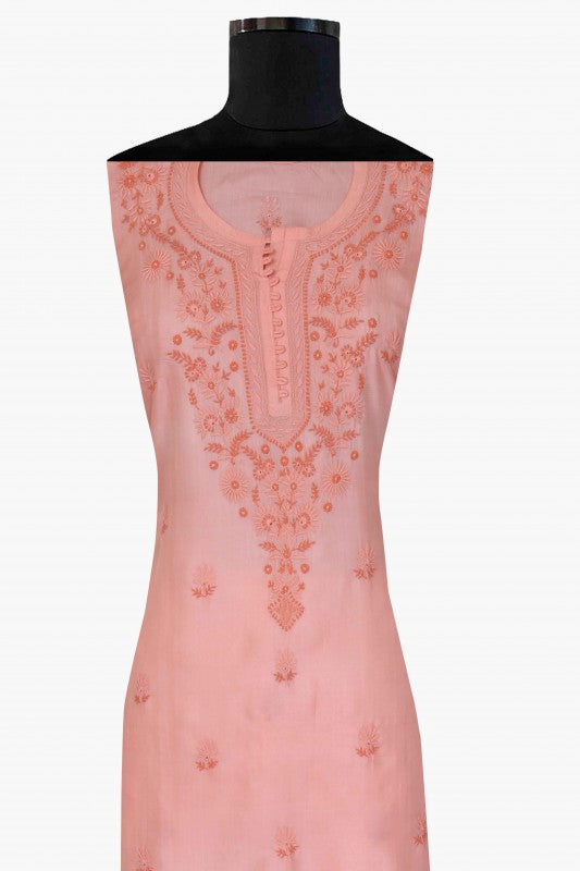 Ada Hand Embroidered Pink Silk Lucknowi Chikan Semi-Stitched Kurta Piece-A619875