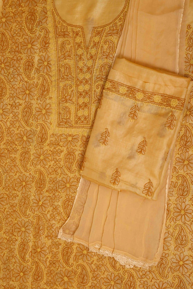 Ada Hand Embroidered Mustard Tusser Silk Lucknowi Chikan Unstitched Suit Piece-A508216