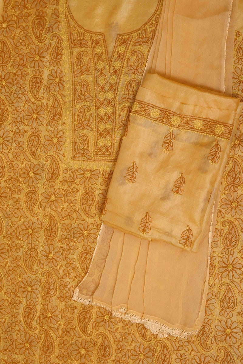 Ada Hand Embroidered Mustard Tusser Silk Lucknowi Chikan Unstitched Suit Piece-A508216