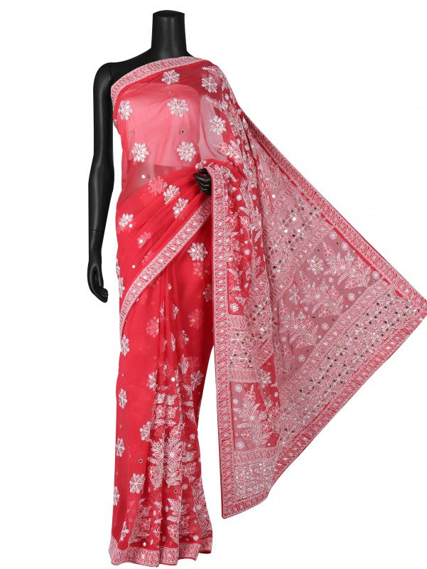 Ada Hand Embroidered Carrot Pink Georgette Lucknowi Chikankari Saree/Blouse With Gota Patti Work A621565