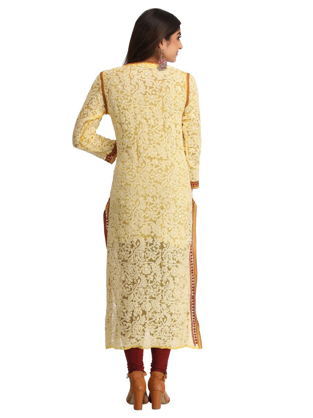 Ada Hand Embroidered Yellow Georgette Lucknowi Chikankari Staright Kurta A237444