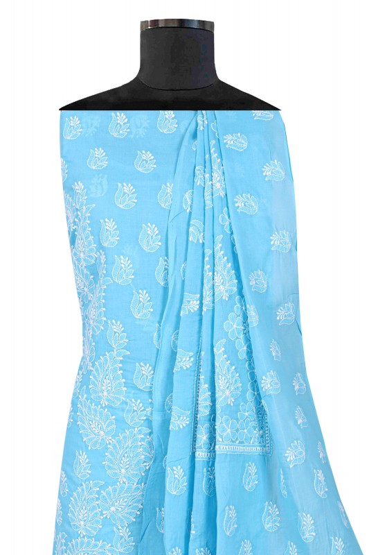 Ada Hand Embroidered Sky Blue Cotton Lucknowi Chikankari Unstitched Suit Piece A607743