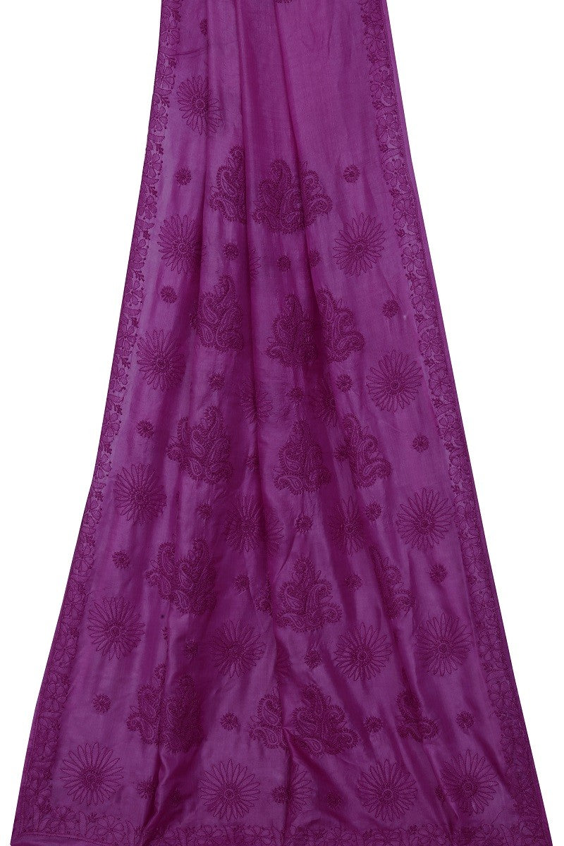 Ada Hand Embroidered Magenta Tusser Silk Lucknowi Chikankari Saree With Blouse- A525189