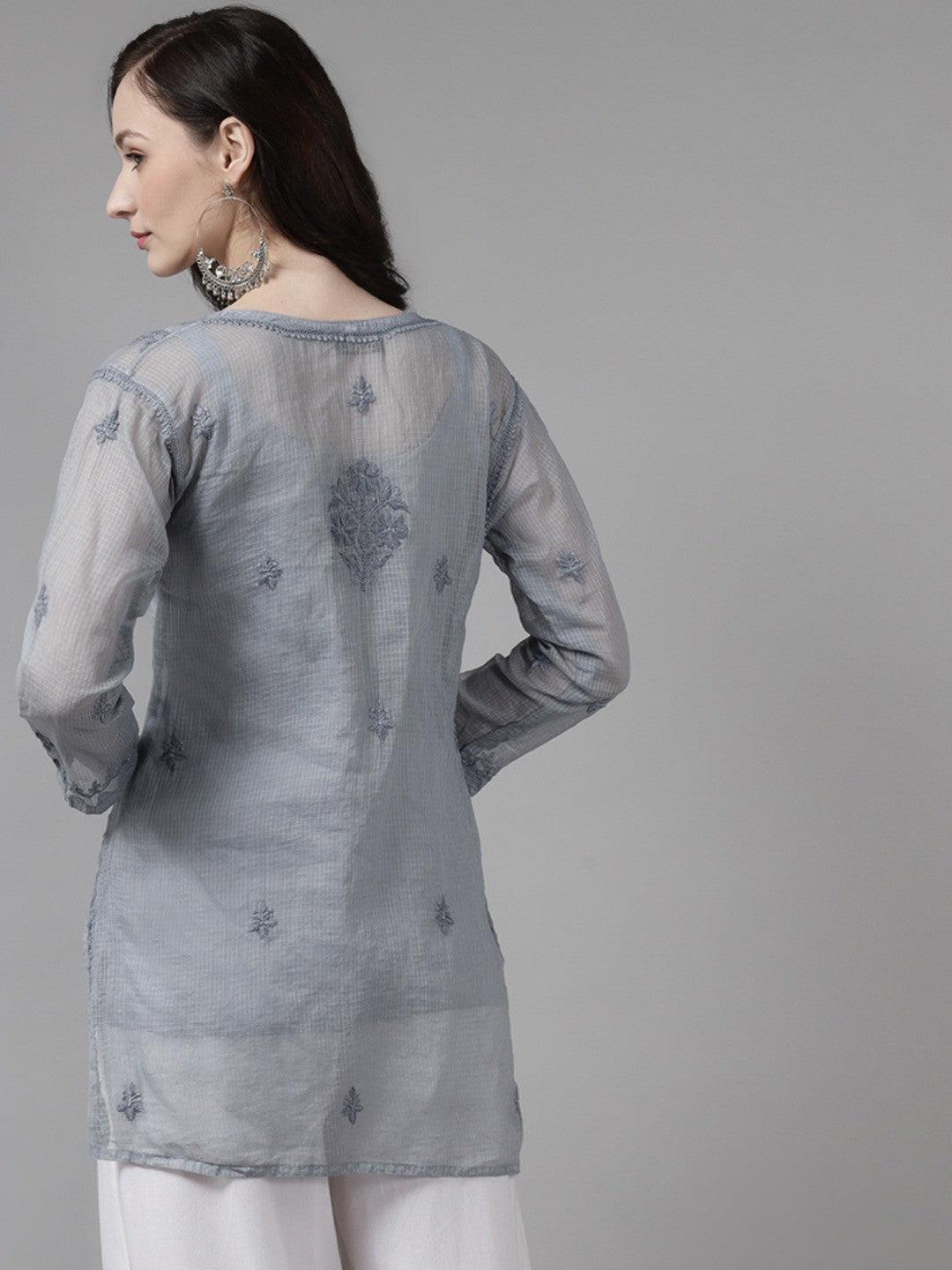 Ada Hand Embroidered Grey Kota  Lucknow Chikan Kurti With Slip A911156
