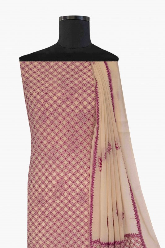 Ada Hand Embroidered Fawn Pure Georgette Lucknowi Chikankari Unstitched Kurta Dupatta Set A460752