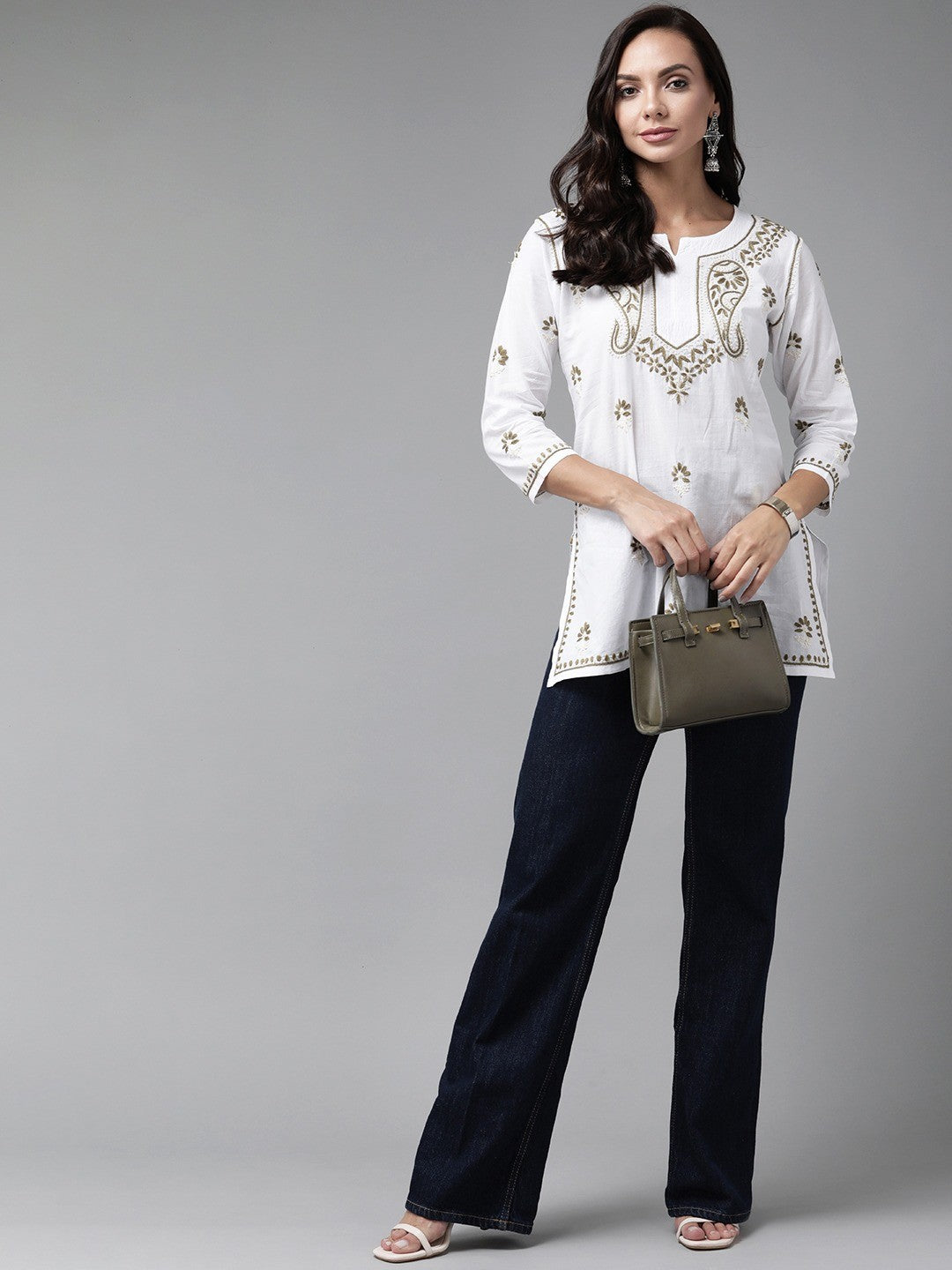 Ada Hand Embroidered White Cotton Lucknowi Chikankari Short Kurti A911223