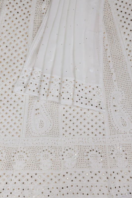 Ada Hand Embroidered White Georgette Lucknowi Chikankari Semi-stitched Anarkali Kurta Dupatta Set With Muqaish Work- A621528