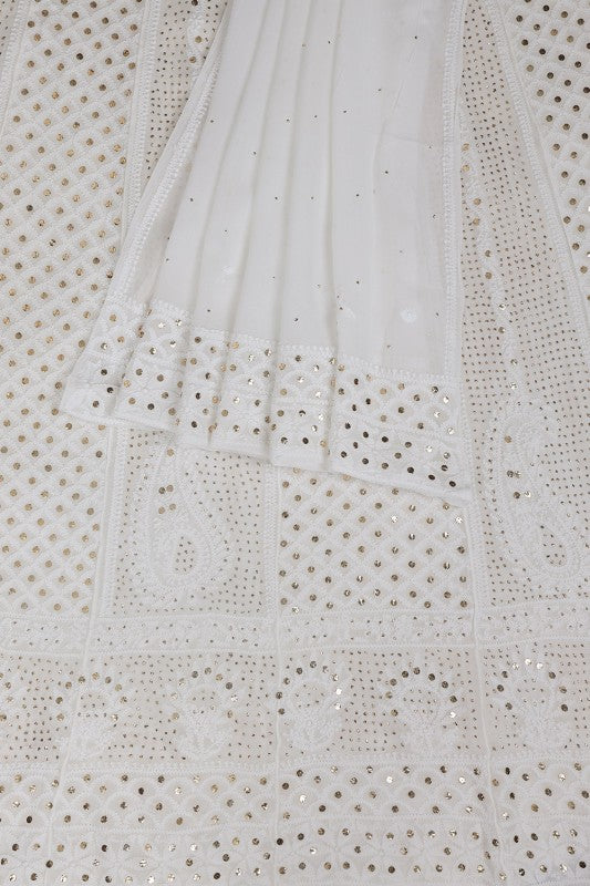 Ada Hand Embroidered White Georgette Lucknowi Chikankari Semi-stitched Anarkali Kurta Dupatta Set With Muqaish Work- A621528