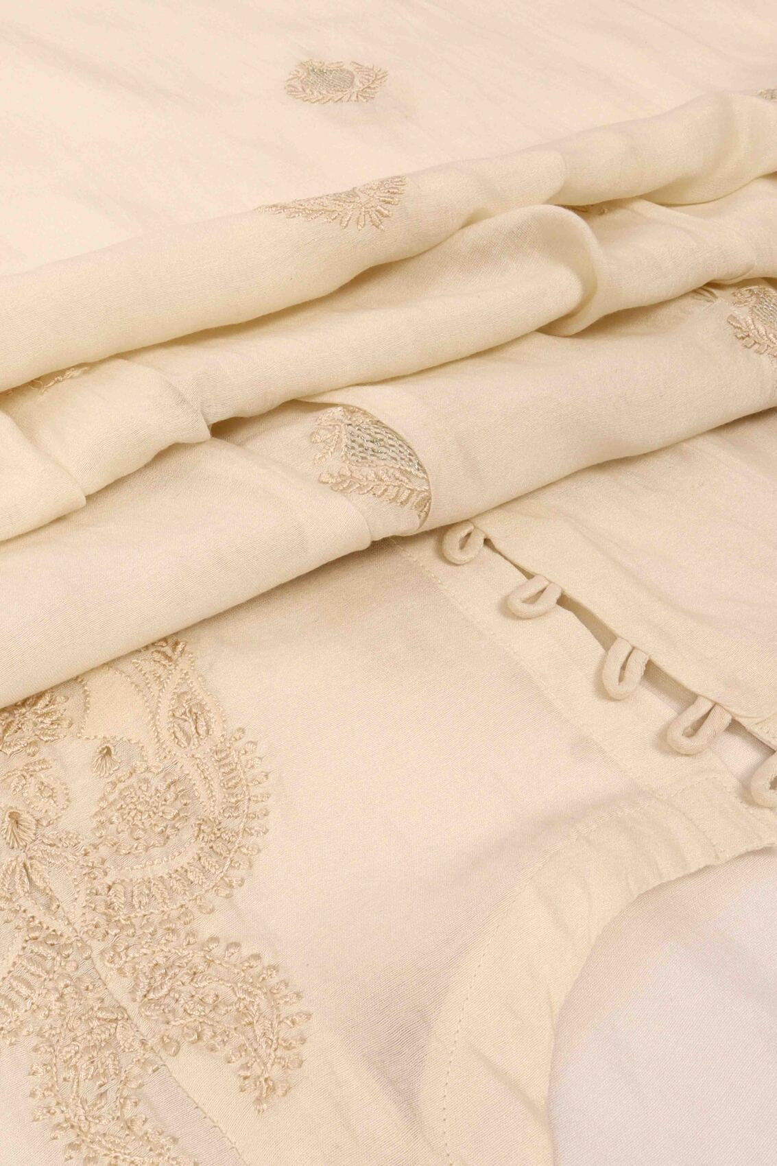 Ada Hand Embroidered Off White Chanderi Lucknowi Chikankari Unstitched Kurta Dupatta Set With Zari Work A520548