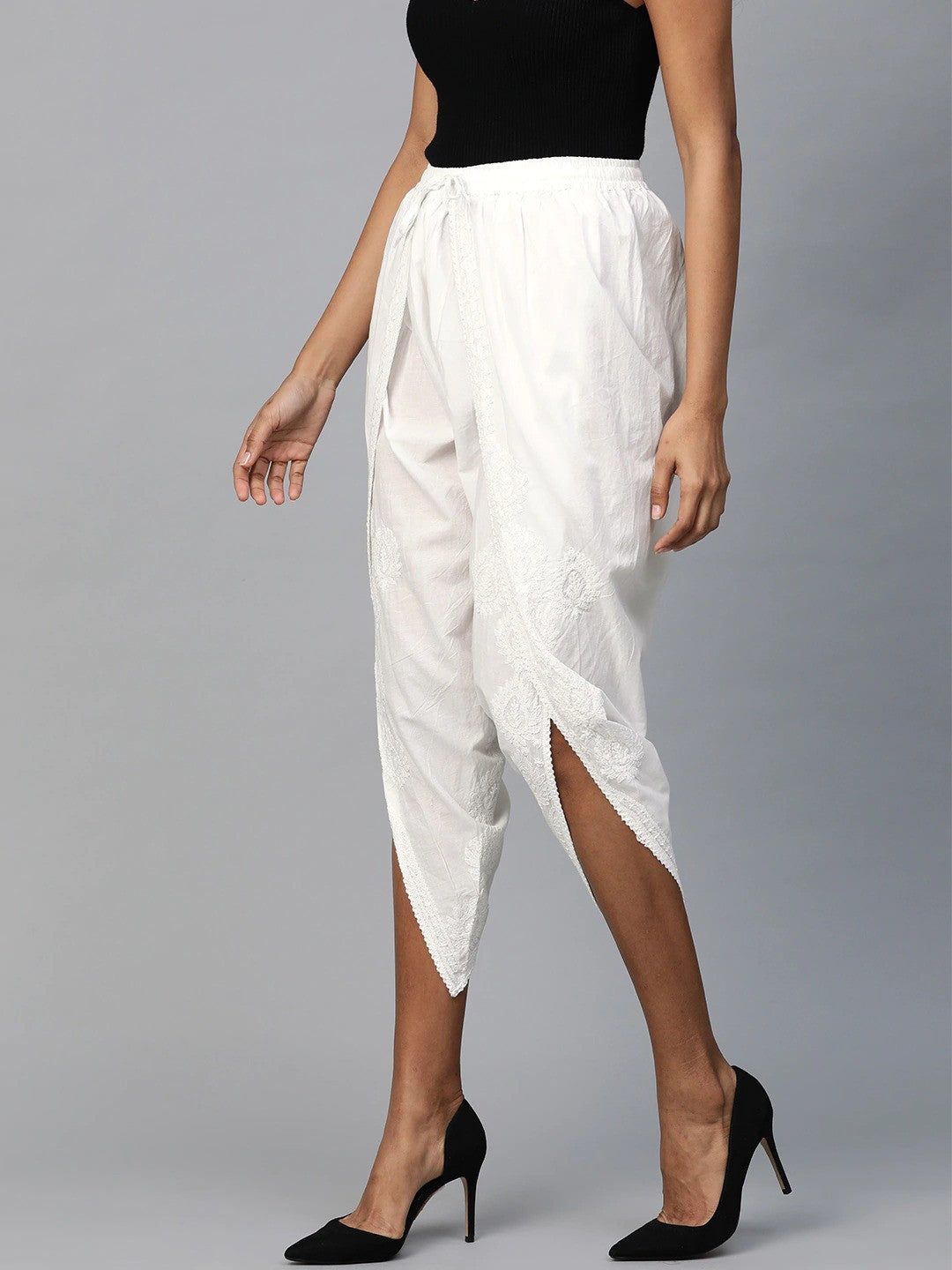 Ada Hand Embroidered White Cotton Lucknowi Chikankari Dhoti A100383