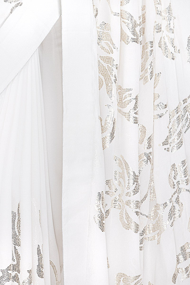 Ada Hand Embroidered White Pure Georgette Lucknowi Chikankari Saree / Blouse With Muqaish Work- A603605