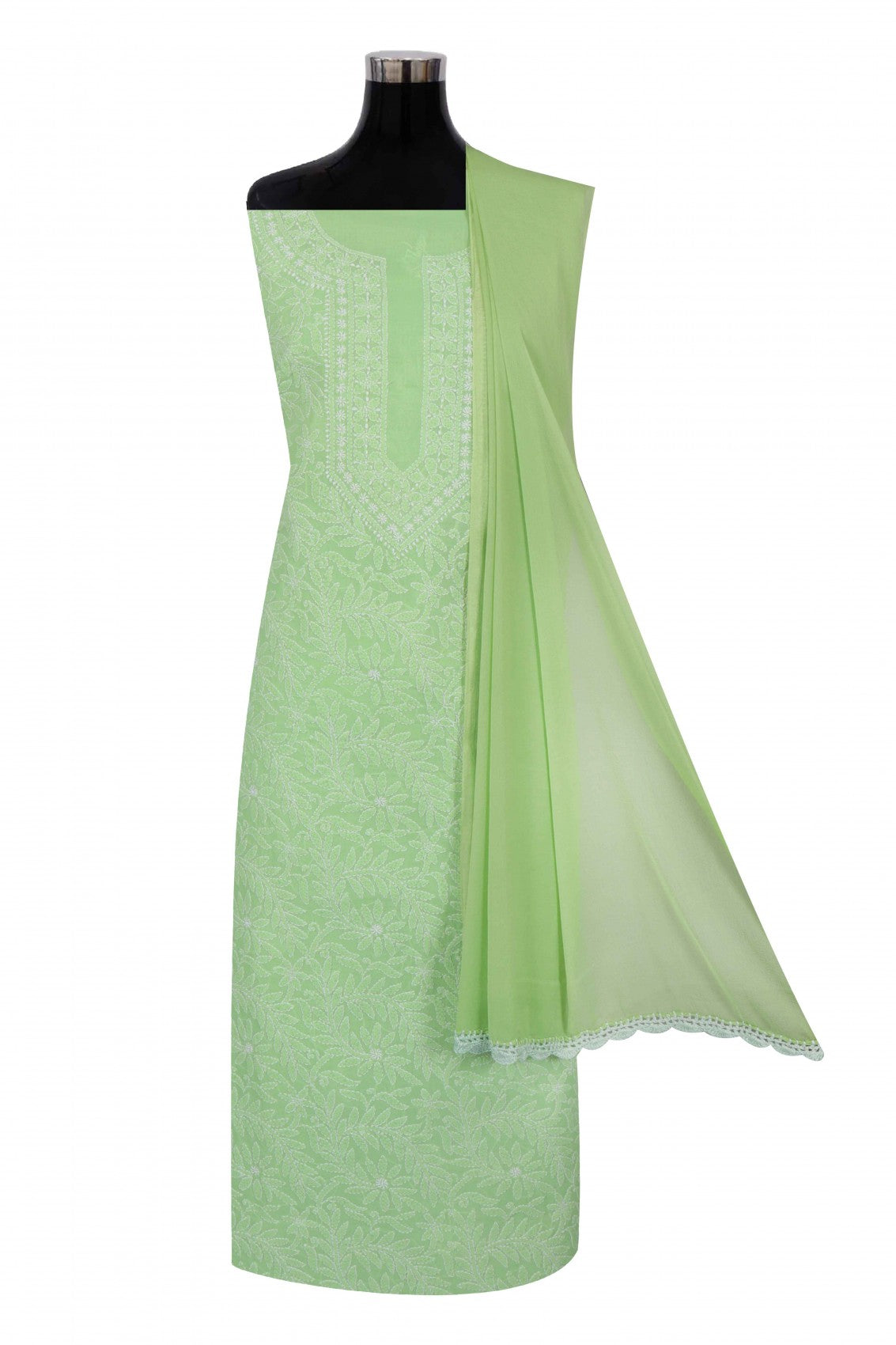 Ada Hand Embroidered Green Cotton Lucknowi Chikankari Unstitched Suit Piece 01A169959