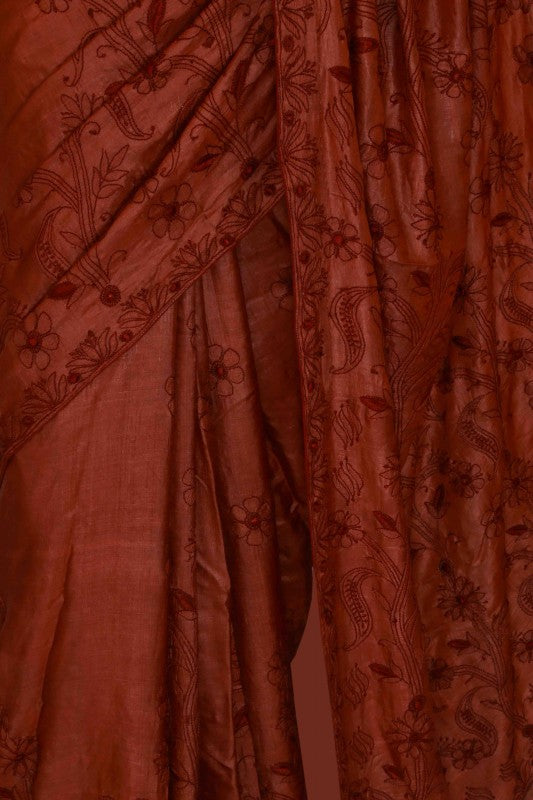 Ada Hand Embroidered Rust Tusser Silk Lucknowi Chikankari Saree With Blouse - A485266