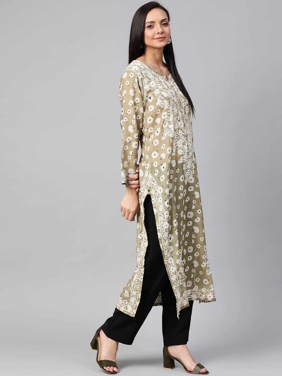 Ada Hand Embroidered Olive Green Cotton Lucknowi Chikankari Straight Kurta A100433