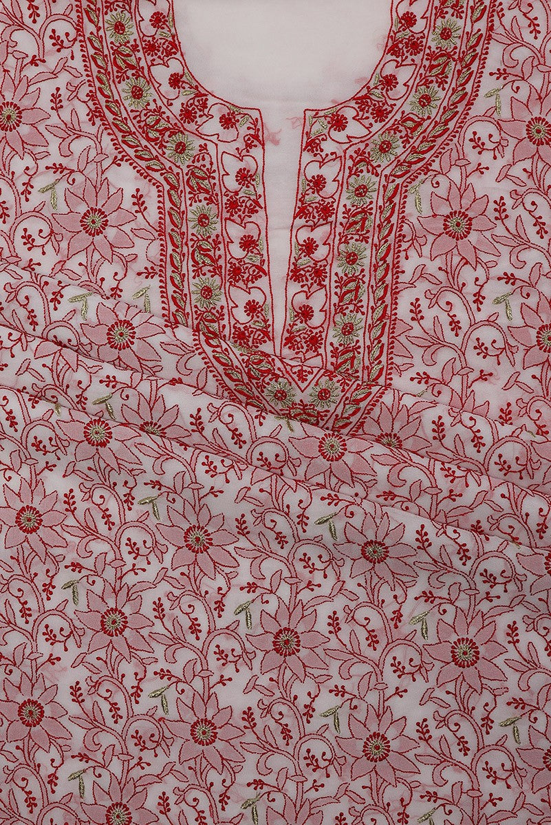 Ada Hand Embroidered White Pure Georgette Lucknowi Chikan Unstitched Kurta Dupatta Set A154970