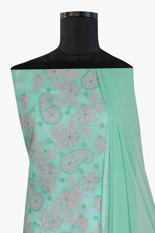 Ada Hand Embroidered Sea Green Cotton Lucknowi Chikan Unstitched Suit Piece-A211123