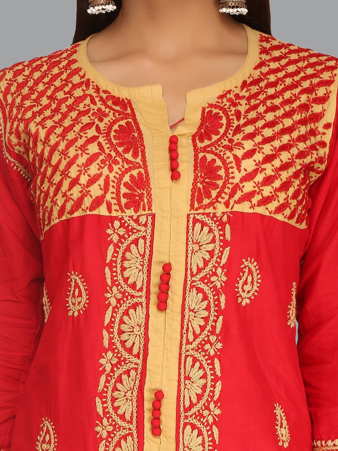 Ada Hand Embroidered Red Cotton Lucknowi Chikankari Straight Kurta A244478