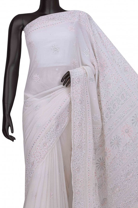 Ada Hand Embroidered White Pure Georgette Lucknowi Chikankari Saree With Blouse-A565718