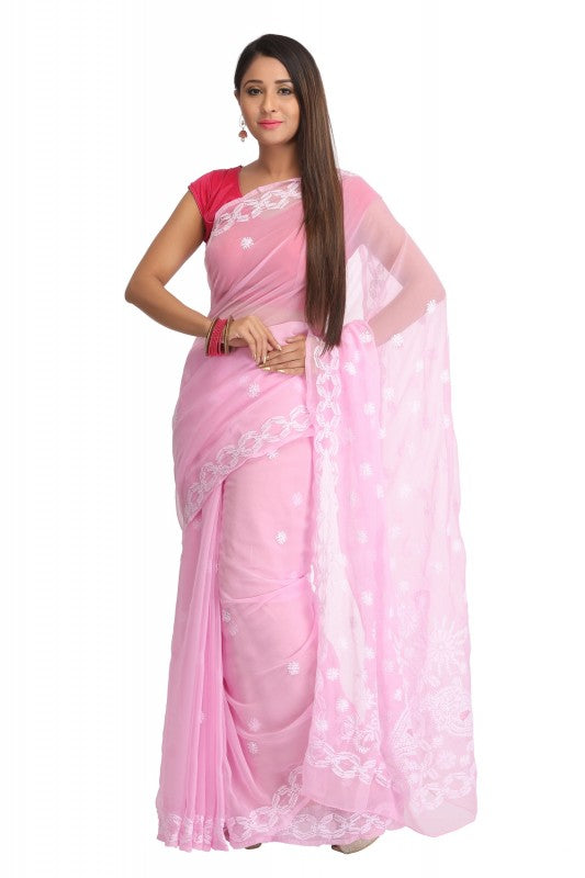 Ada Hand Embroidered Pink Georgette Lucknow Chikan Saree with Blouse A129553