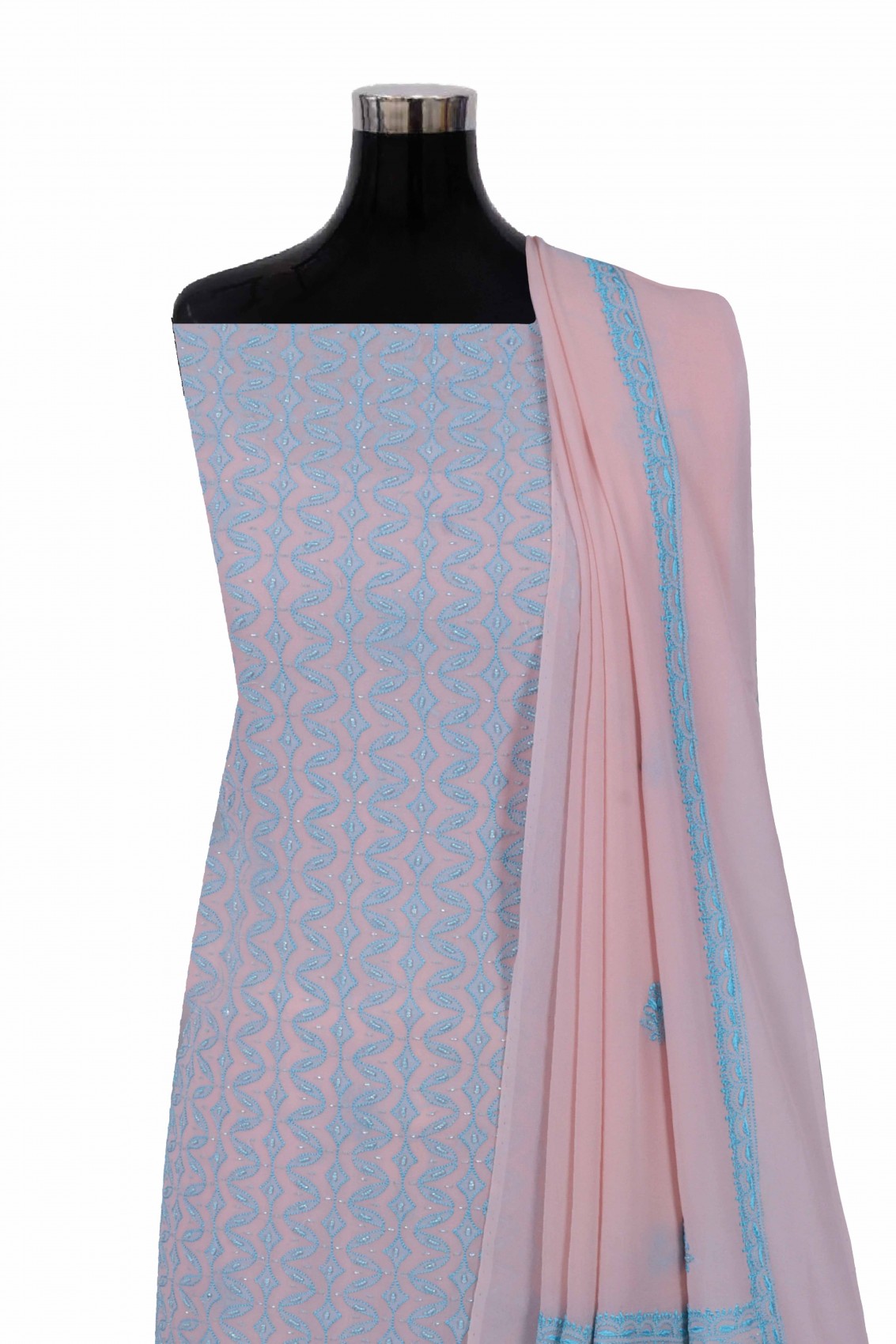 Ada Hand Embroidered Light Peach Pure Georgette Lucknowi Chikankari Unstitched Suit Piece With Pearl Work A222157