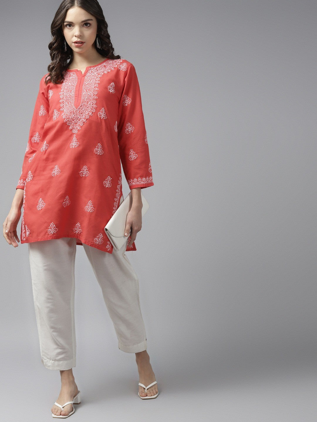 Ada Hand Embroidered Coral Red Cotton Lucknowi Chikankari Kurti A911160