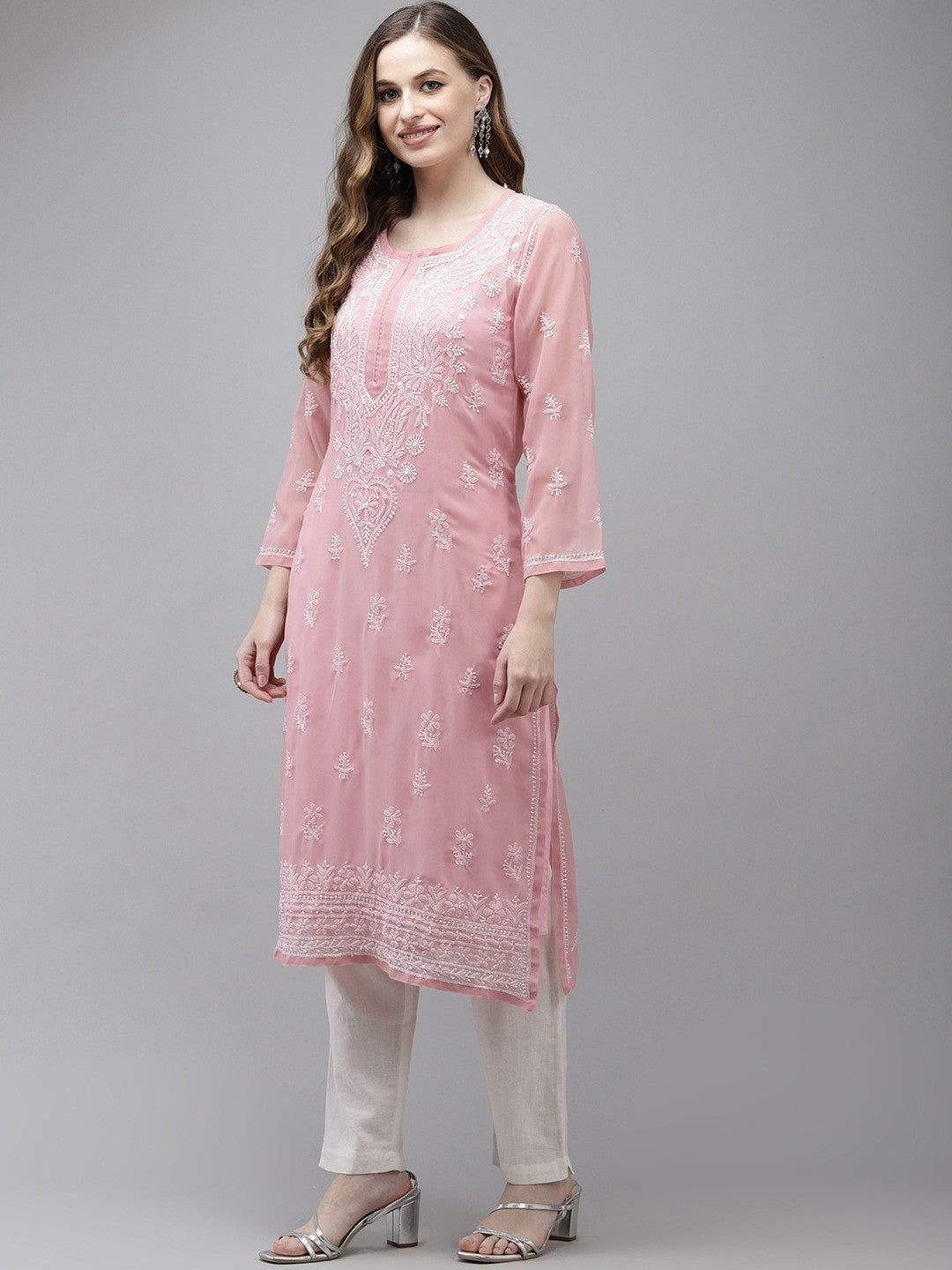 Ada Hand Embroidered Dusty Pink Georgette Lucknow Chikan Kurta with Slip A411347
