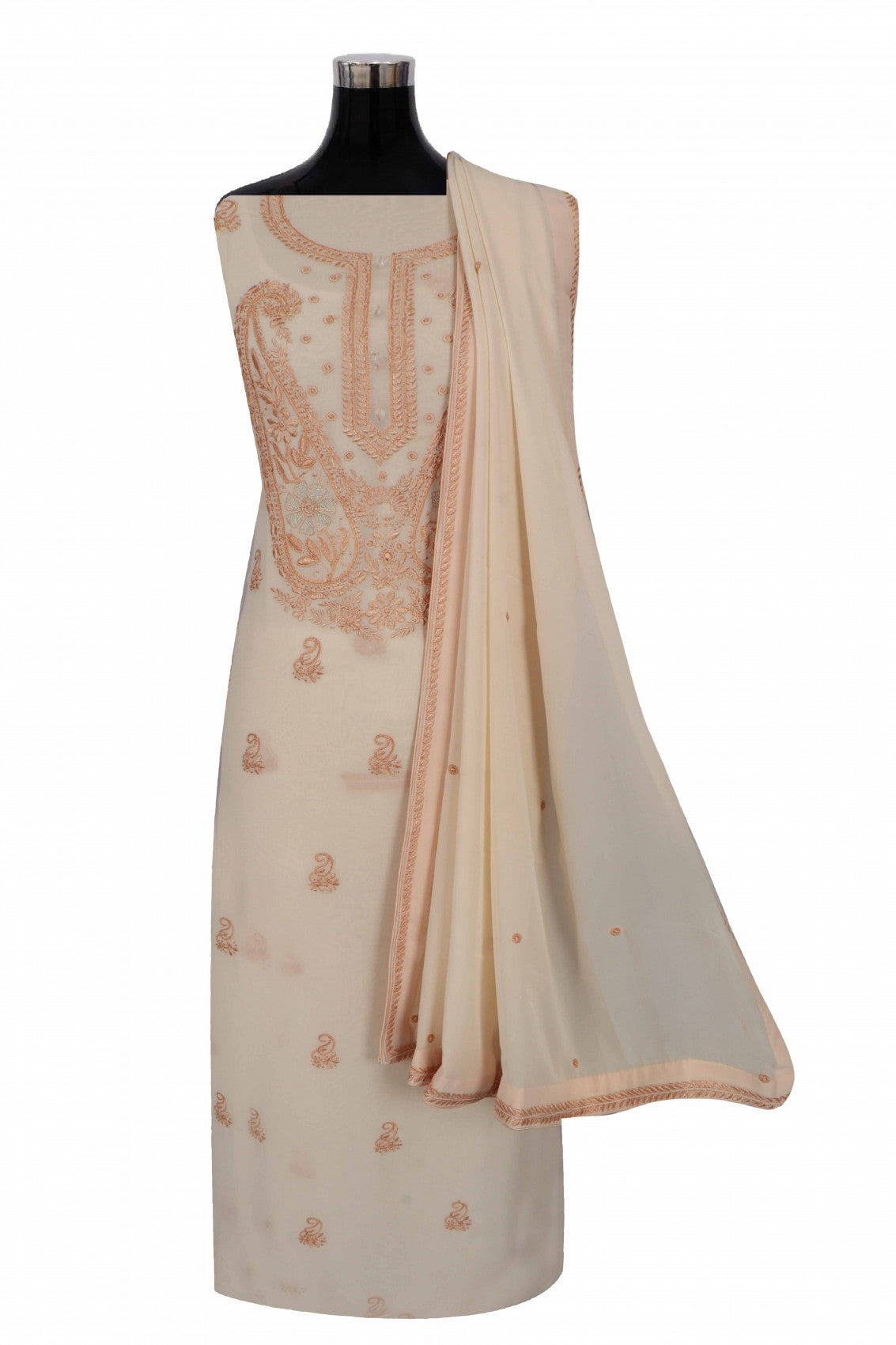 Ada Hand Embroidered Beige Pure Georgette Lucknowi Chikankari Unstitched Kurta Dupatta Set With Zari Work AA411297