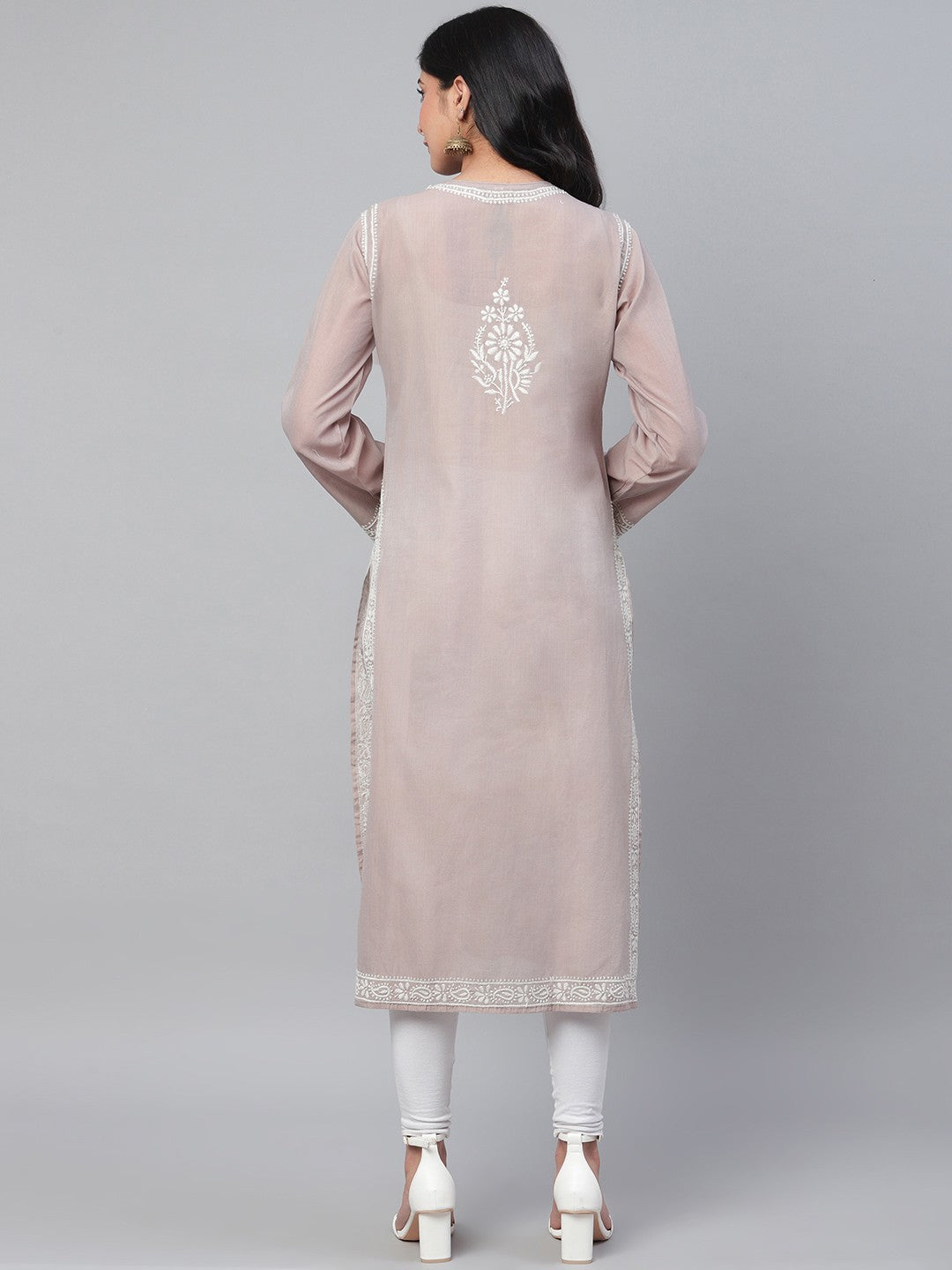 Ada Hand Embroidered Grey Chanderi Lucknowi Chikan Straight Kurta A100596