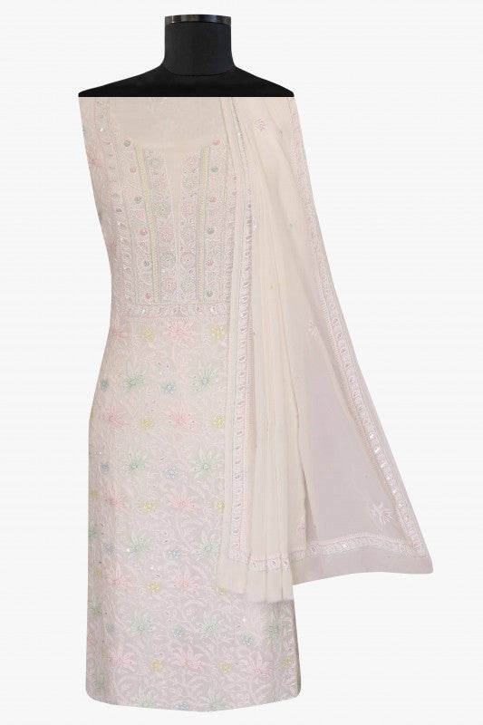 Ada Hand Embroidered White Pure Georgette Lucknowi Chikan Unstitched Kurta Dupatta Set with Pearl & Sequinned Work A466173
