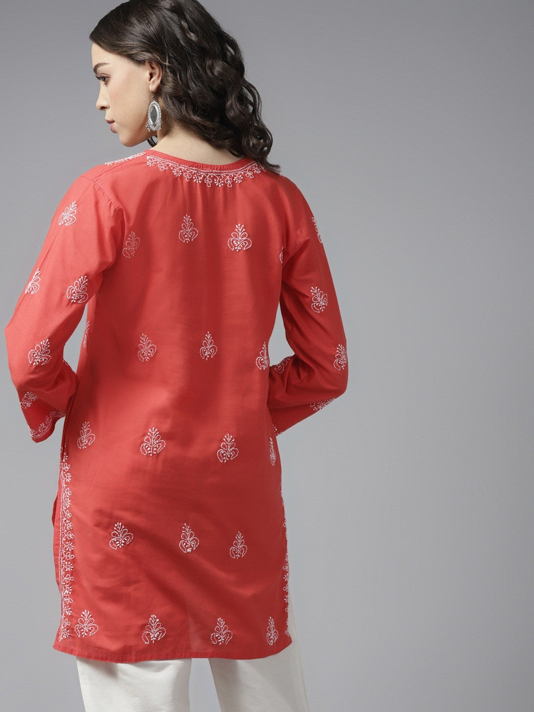 Ada Hand Embroidered Coral Red Cotton Lucknowi Chikankari Kurti A911160