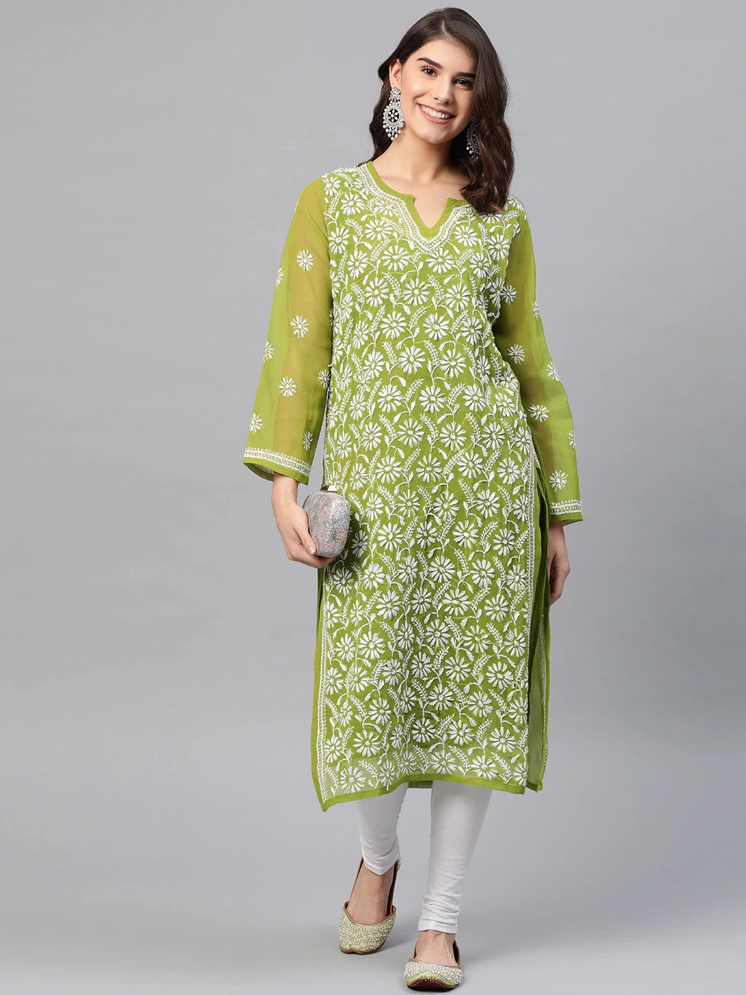 Ada Hand Embroidered Olive Green Georgette Lucknow Chikankari Straight Kurta with Slip A90406
