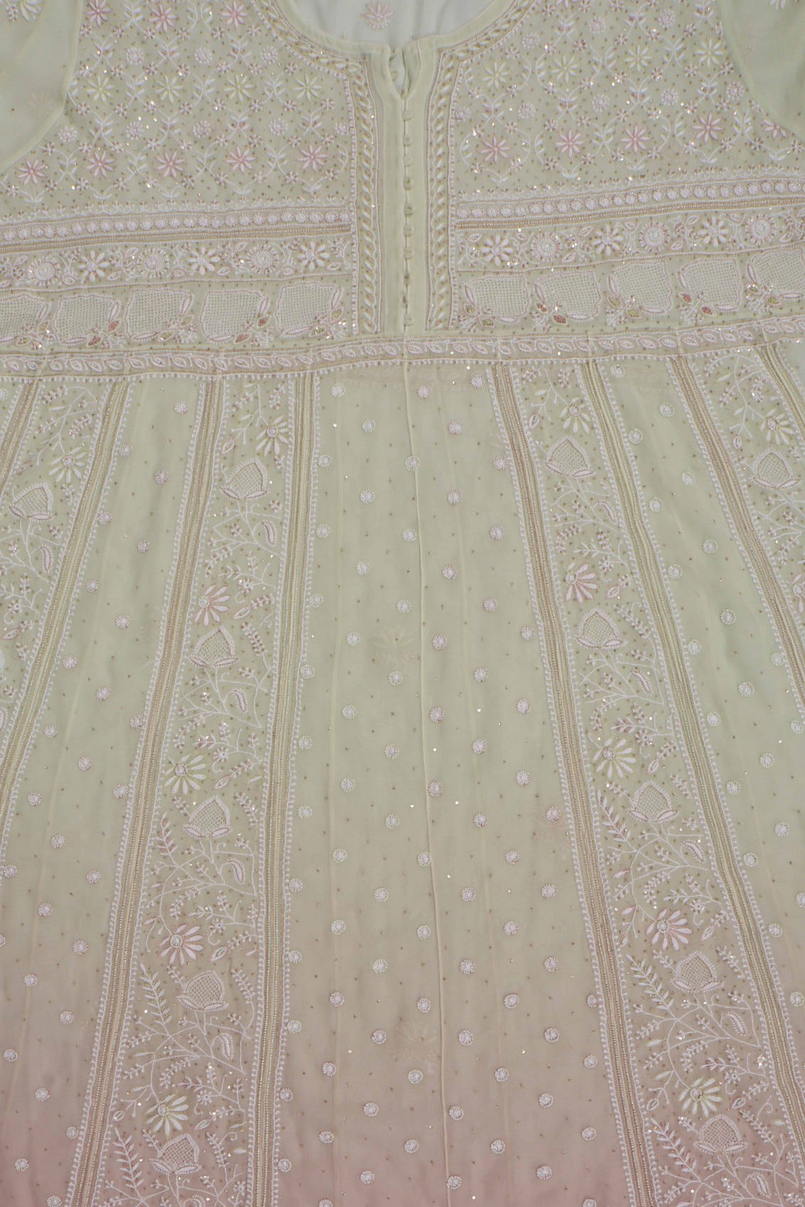 Ada Hand Embroidered Pistachio Green Ombre shade Georgette Lucknowi Chikankari Semi-Stitched Anarkali Kurta Dupatta Set With Pearl Work 01A243869