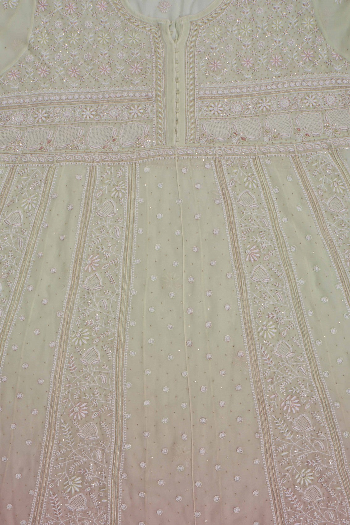 Ada Hand Embroidered Pistachio Green Ombre shade Georgette Lucknowi Chikankari Semi-Stitched Anarkali Kurta Dupatta Set With Pearl Work 01A243869