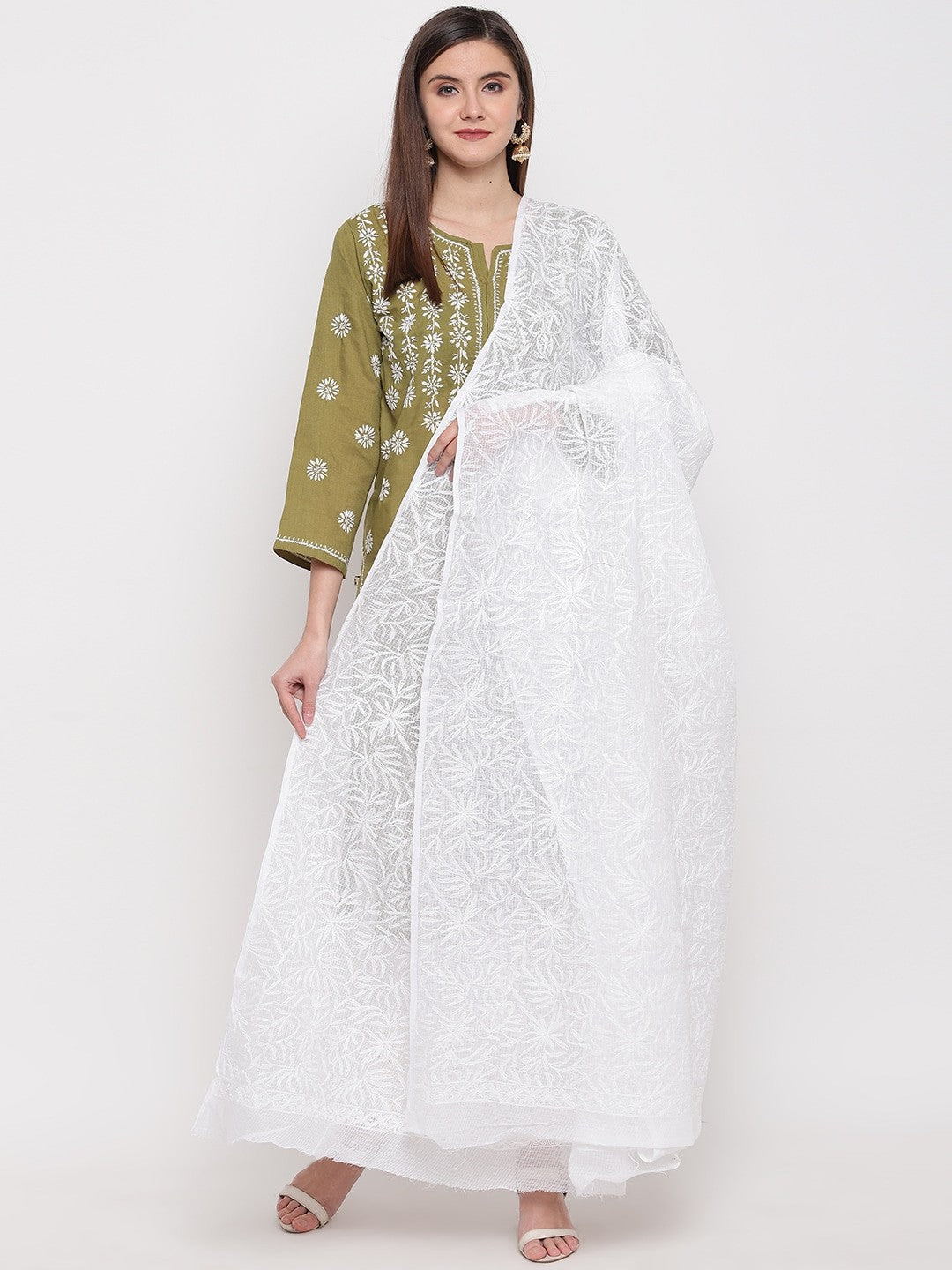 Ada Hand Embroidered White kota Fabric Lucknowi Chikankari Dupatta A100274