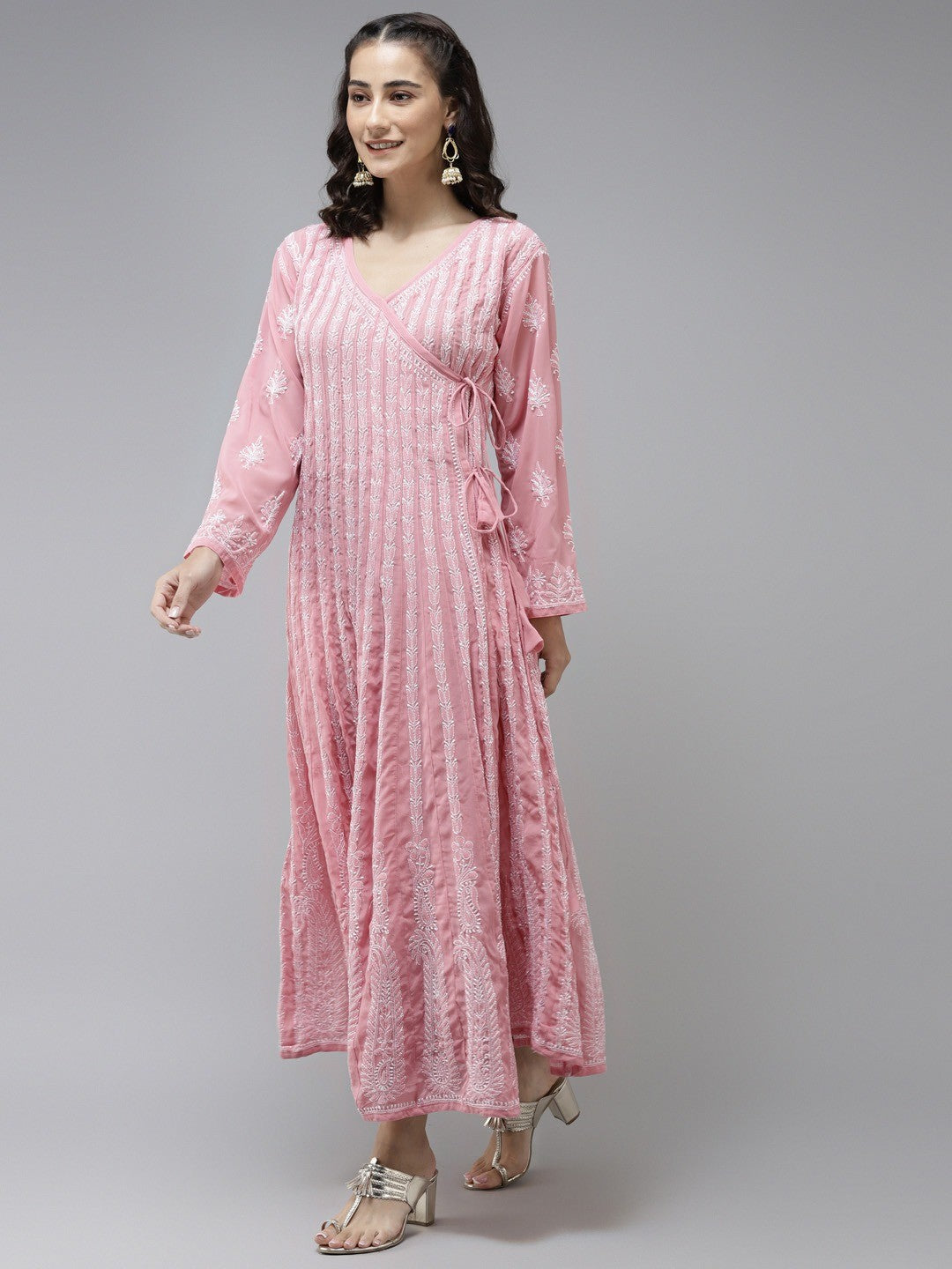 Ada Hand Embroidered Onion Pink Georgette Lucknow Chikankari Anarkali Kurta - A411226