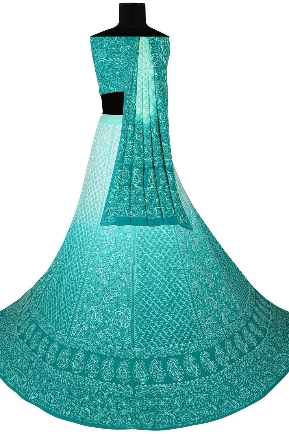 Ada Hand Embroidered Sea Green and White Shaded Pure Georgette Lucknowi Chikankari Lehenga Set A604118