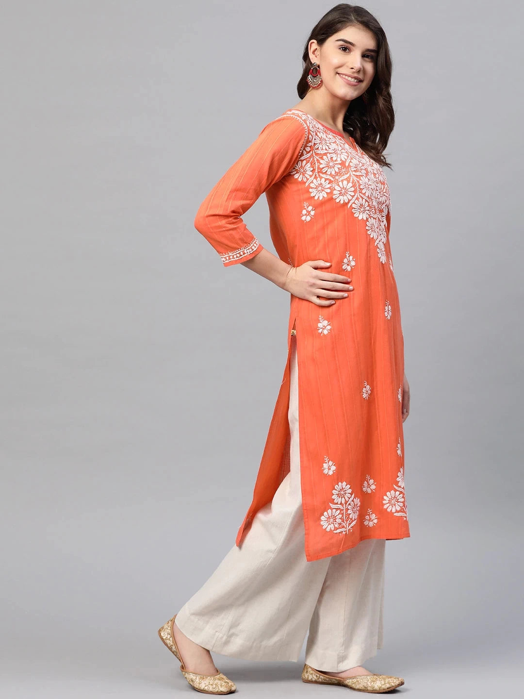 Ada Hand Embroidered Coral Orange Cotton Lucknow Chikankari Kurta A411167