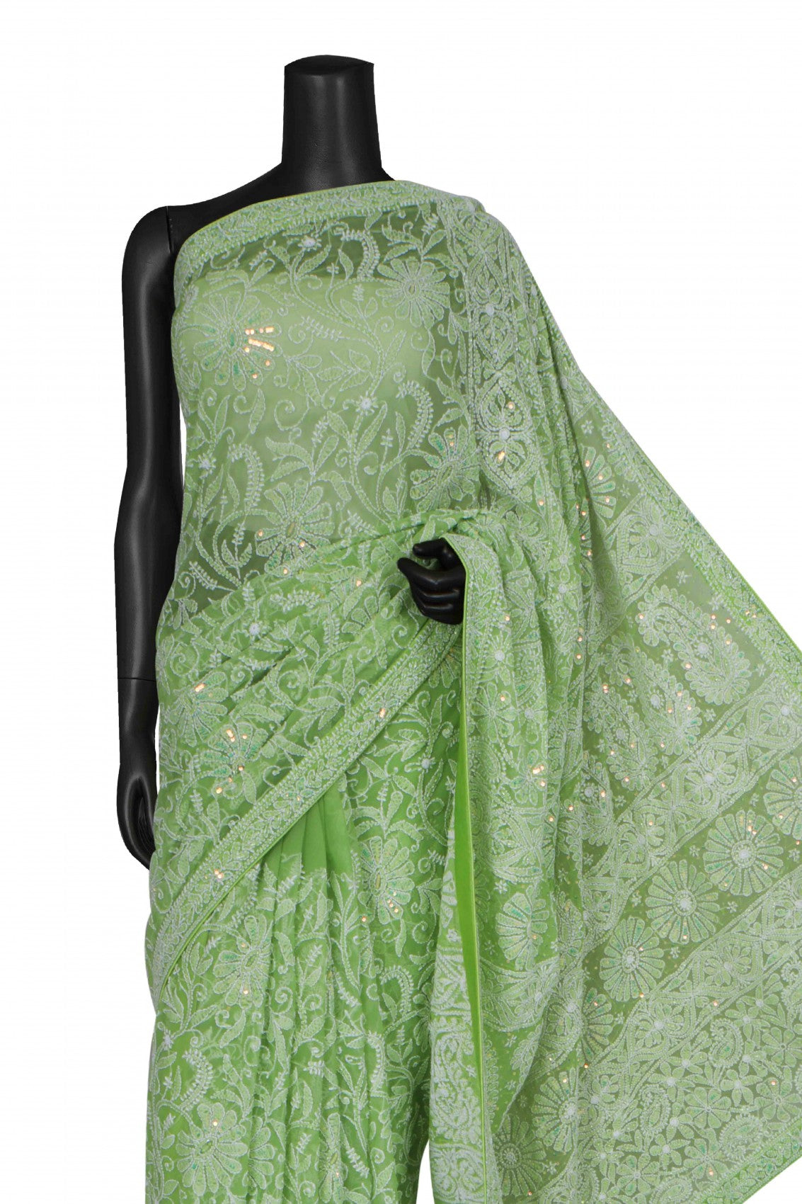 Ada Hand Embroidered Pear Green Georgette Lucknowi Chikankari Saree/Blouse with Cutdana Work 01A131034