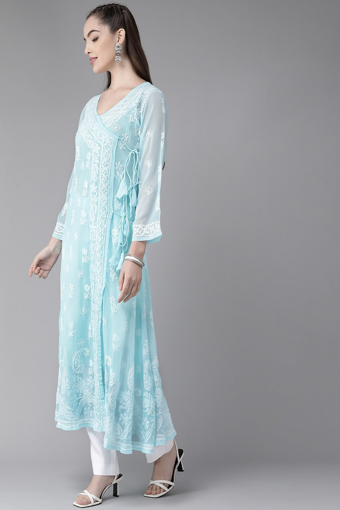 Ada Hand Embroidered Blue Georgette Lucknowi Chikankari Angarkha Kurta with Slip A411263