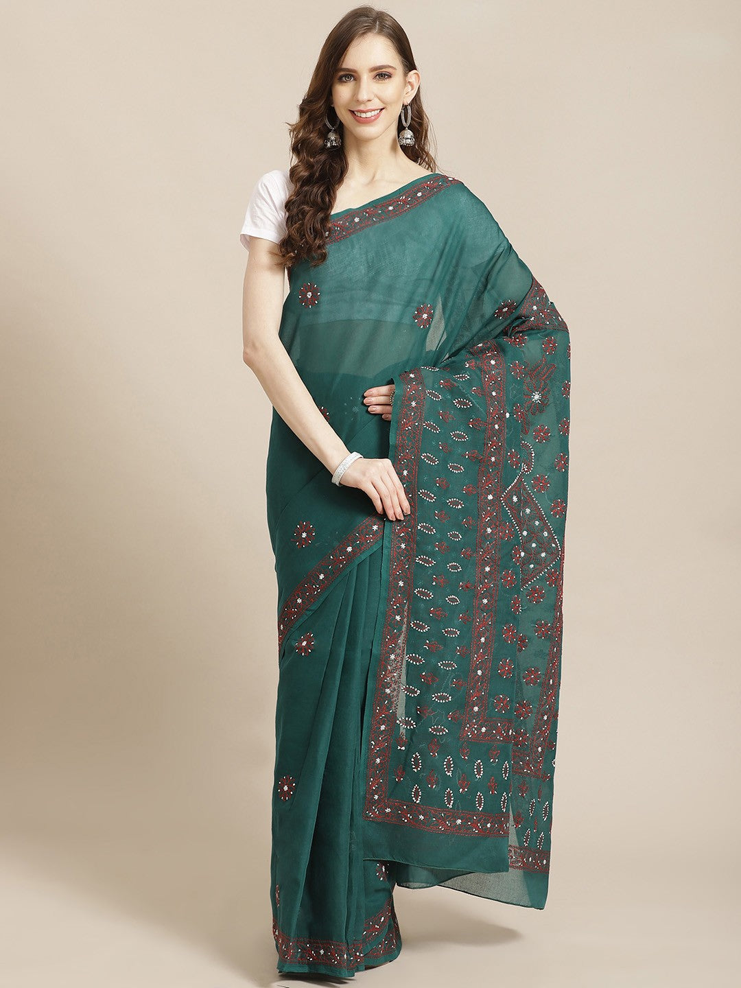 Ada Hand Embroidered Green Cotton Lucknow Chikan Saree With Blouse-A311208