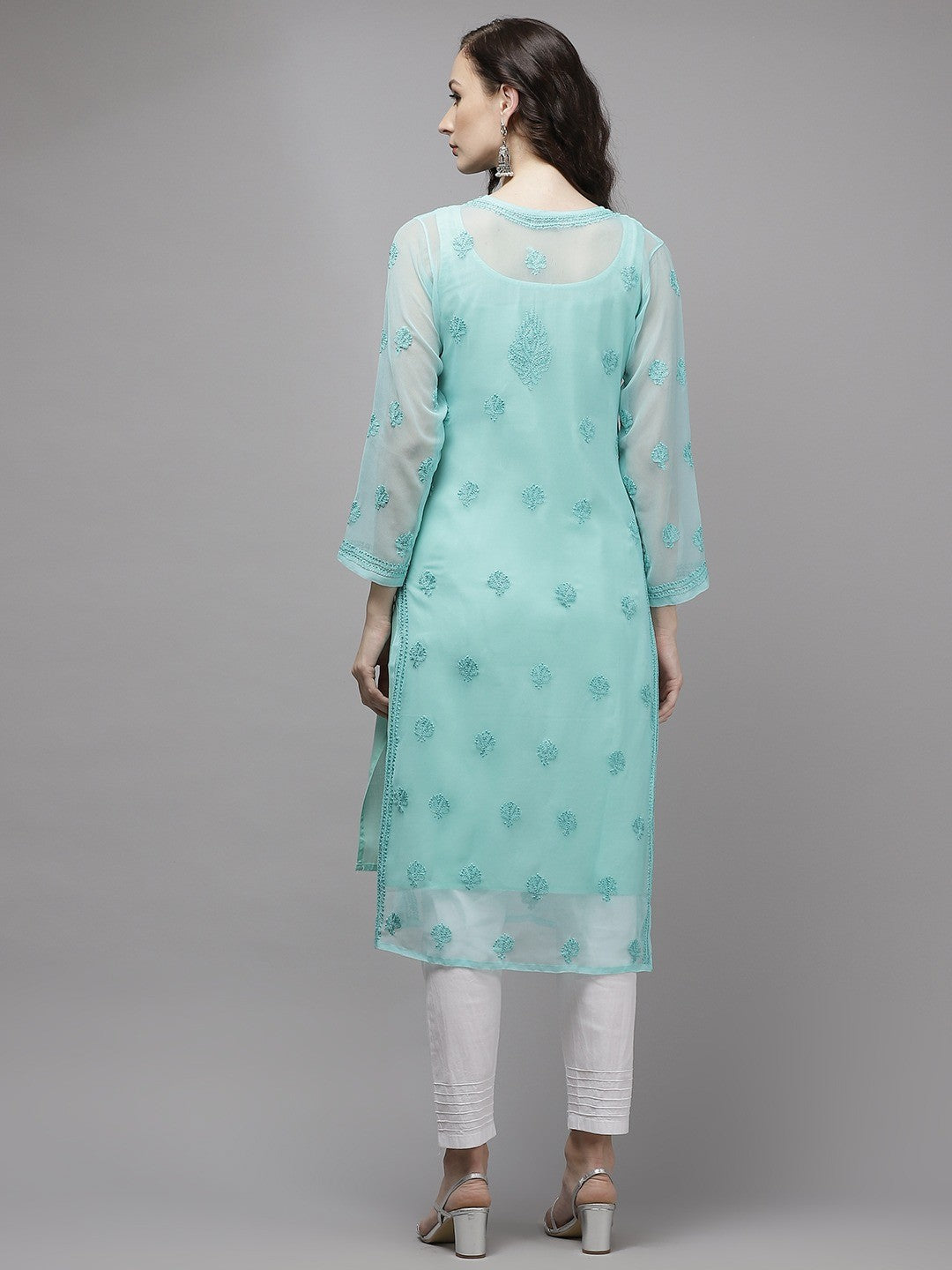 Ada Hand Embroidered Sea Green Georgette Lucknowi Chikankari Kurta Set With Slip A811219