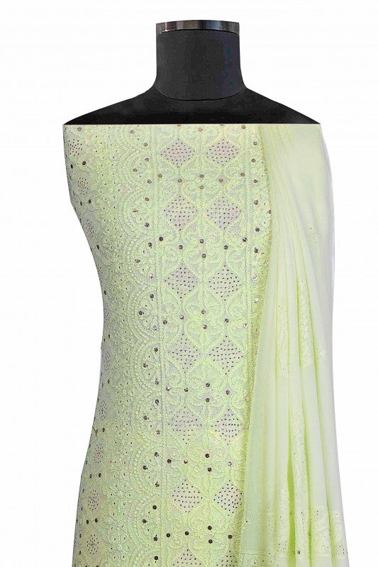 Ada Hand Embroidered Pastel Green Georgette Lucknowi Chikan Unstitched Kurta Dupatta With Muqaish Work-A610176