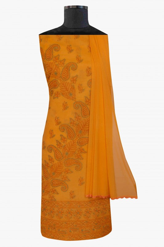 Ada Hand Embroidered Mustard Cotton Lucknowi Chikan Unstitched Suit Piece-A211154