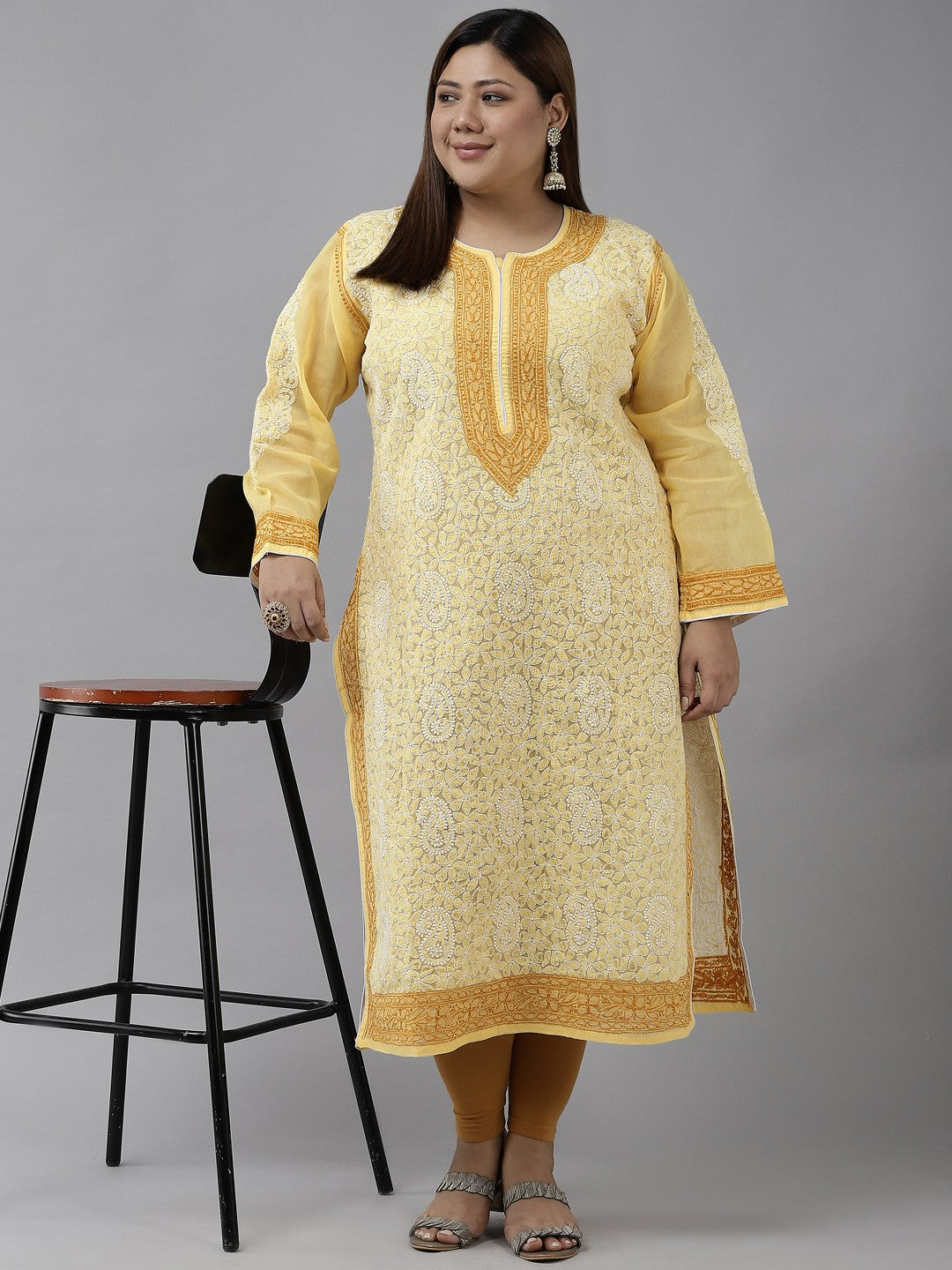 Ada Hand Embroidered Yellow Cotton Lucknowi Chikankari Straight Kurta A411134