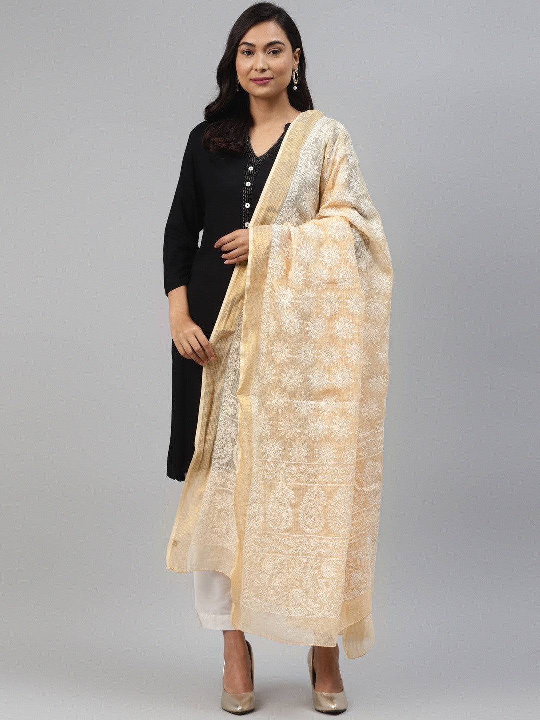 Ada Hand Embroidered Fawn Kota Lucknowi Chikankari Dupatta  A511167