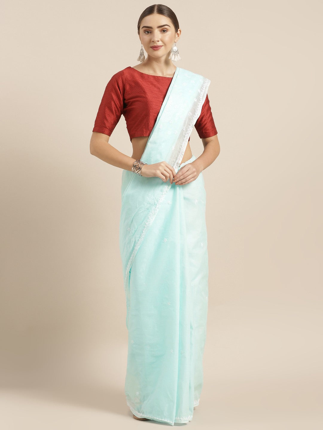 Ada Hand Embroidered Blue Cotton Lucknow Chikan Saree With Blouse A346178